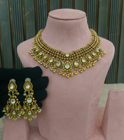 Gold White Polki Necklace Jewellery Harveen Set