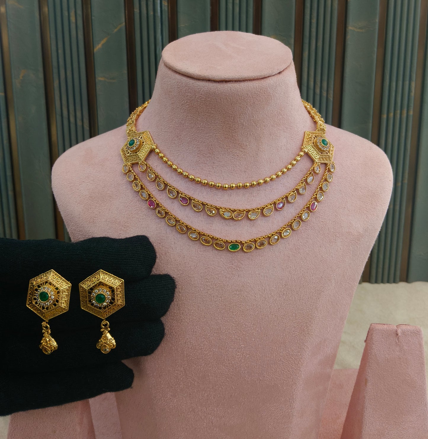 Gold White Polki Necklace Jewellery Harveen Set