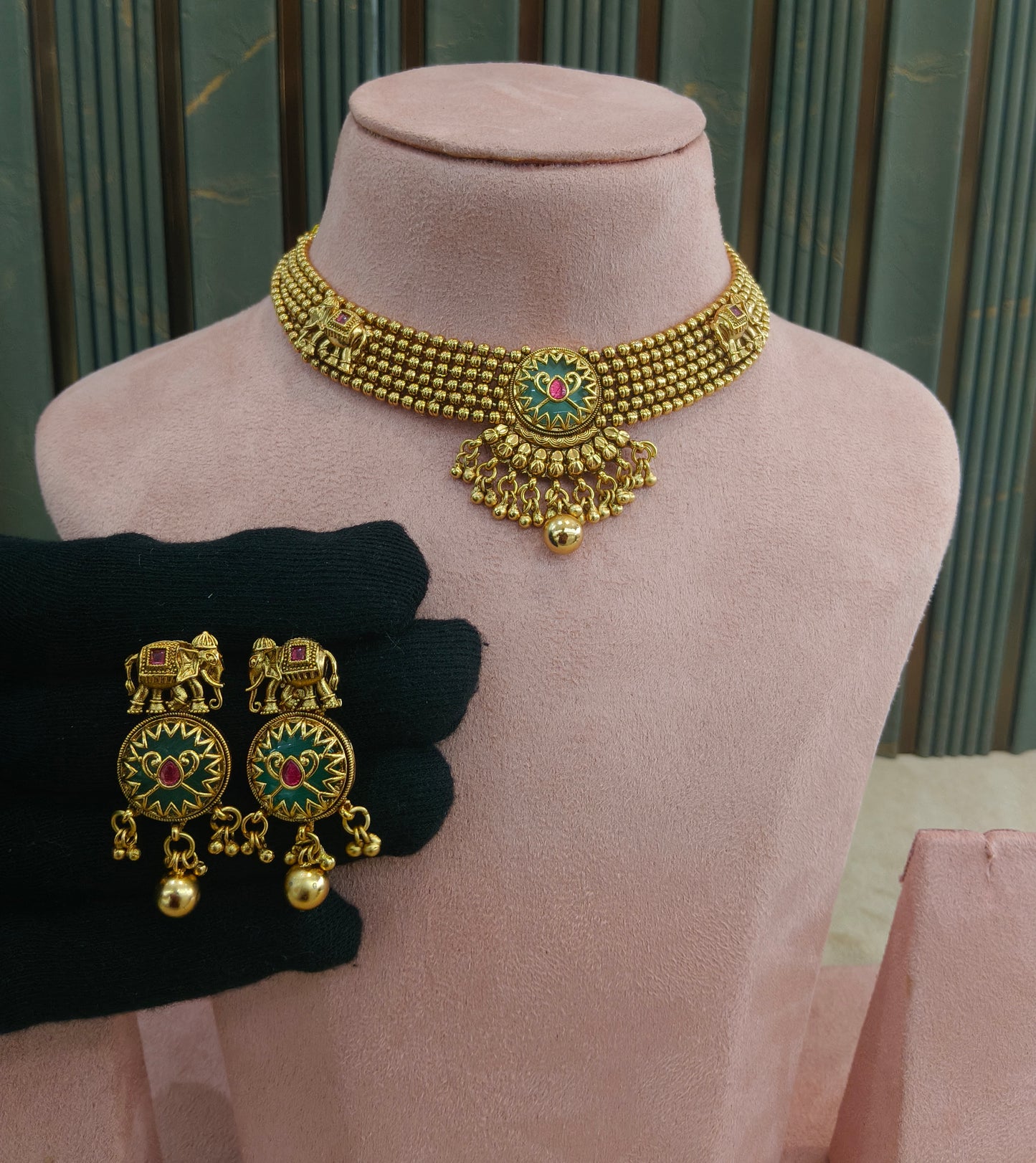Gold Ruby Sage Green Polki Necklace Jewellery Harveen Set