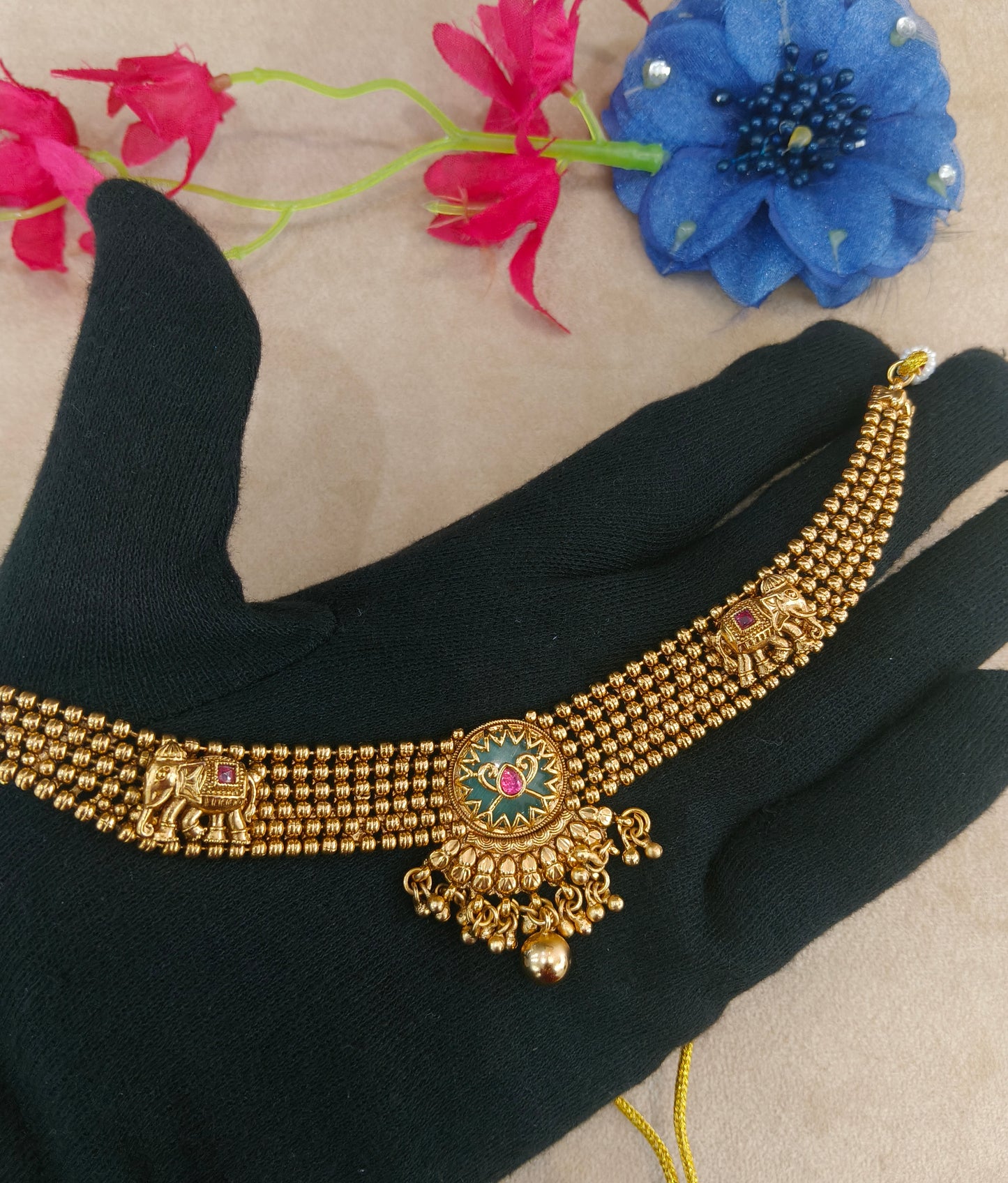 Gold Ruby Sage Green Polki Necklace Jewellery Harveen Set