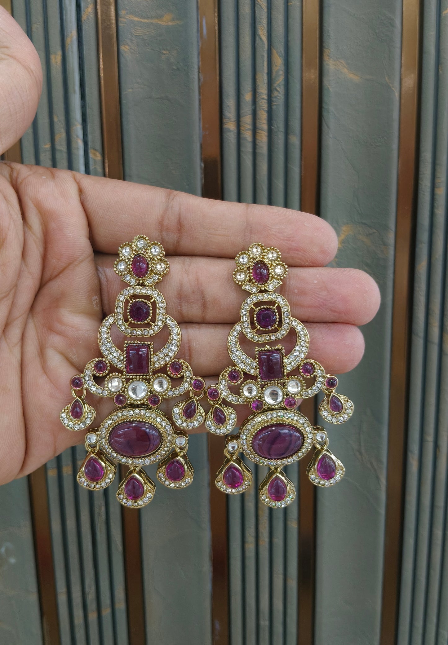 Antique Purple Kundan Bollywood Indian Charan Earrings
