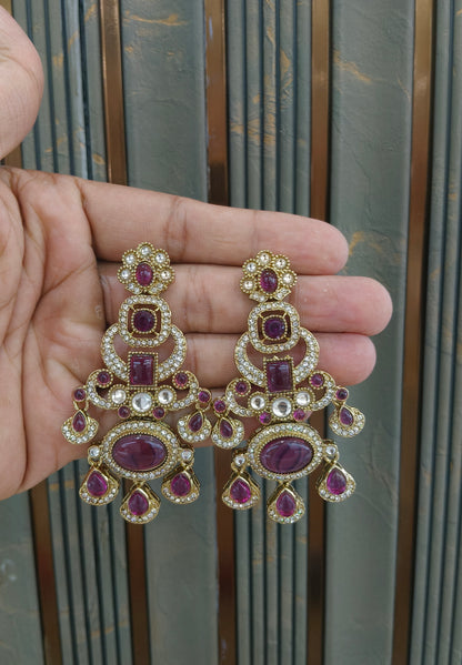 Antique Purple Kundan Bollywood Indian Charan Earrings