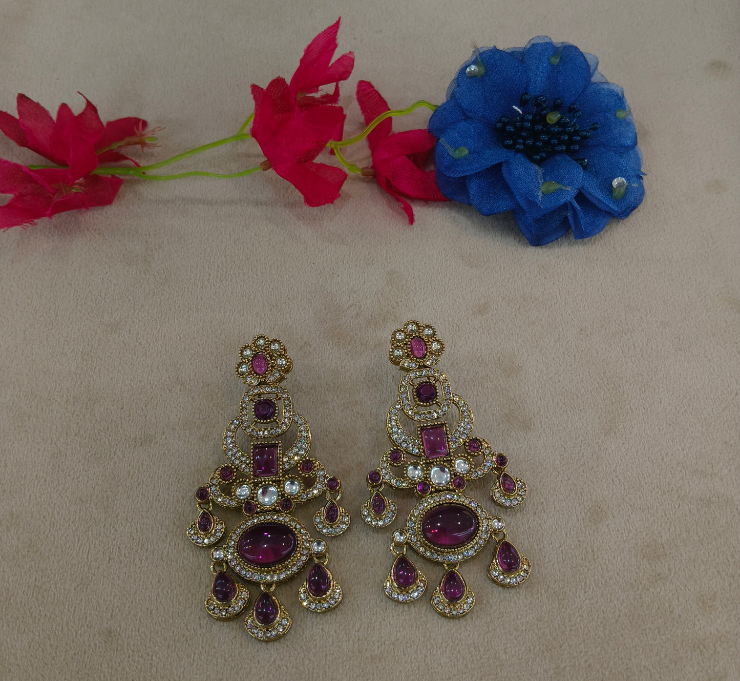 Antique Purple Kundan Bollywood Indian Charan Earrings