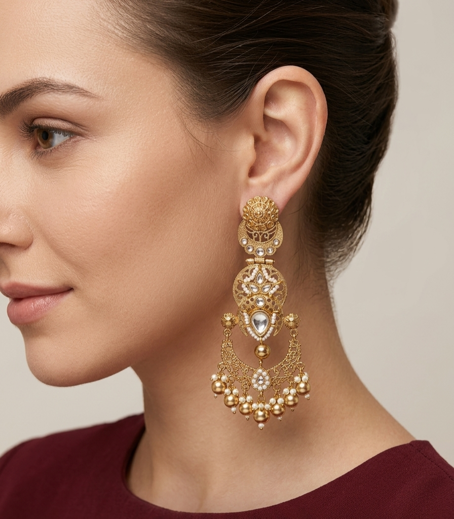 Antique Gold Kundan Bollywood Indian Charan Earrings