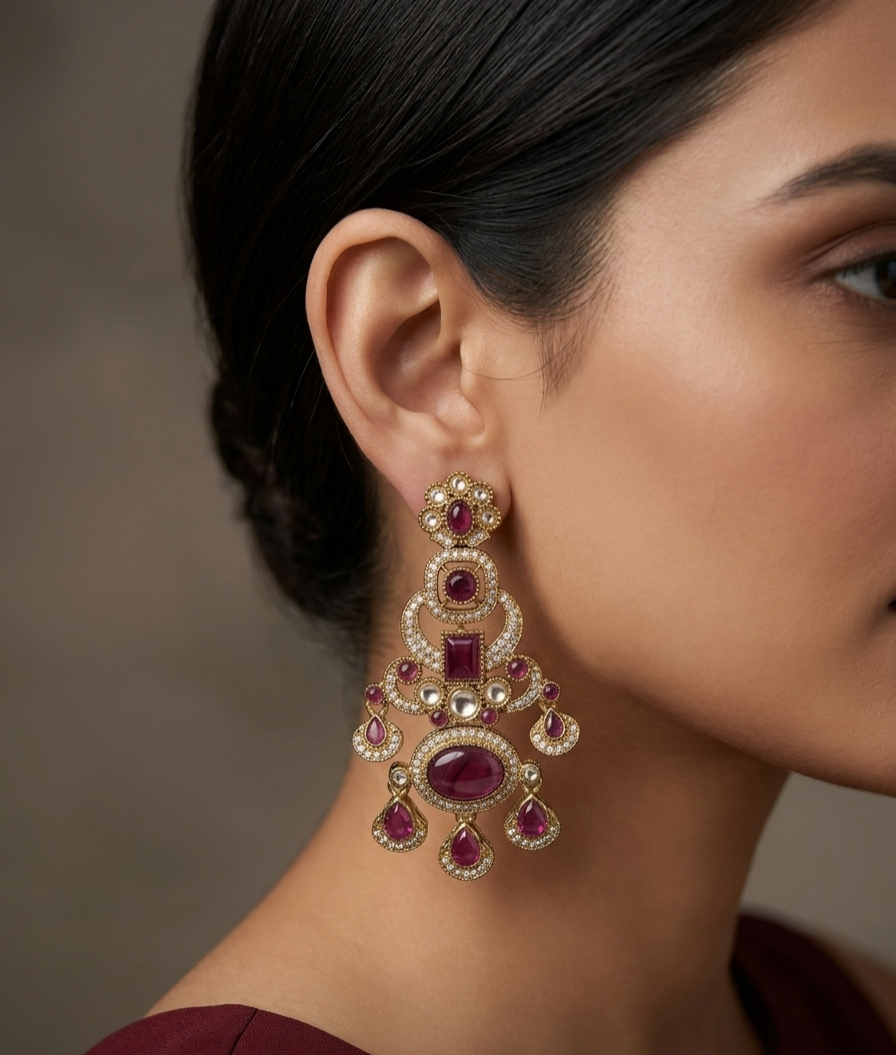 Antique Purple Kundan Bollywood Indian Charan Earrings