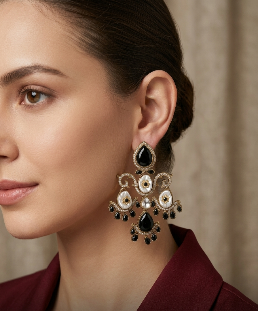 Antique Black Kundan Bollywood Indian Charan Earrings