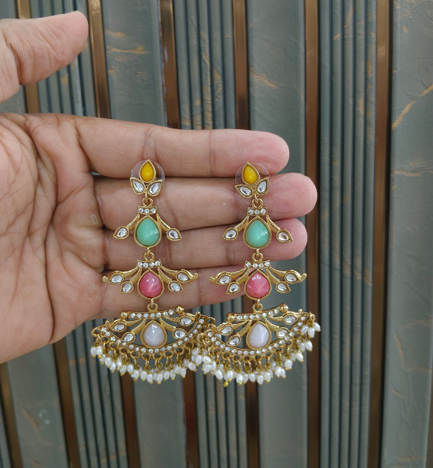 Antique Multi Color Kundan Bollywood Indian Charan Earrings