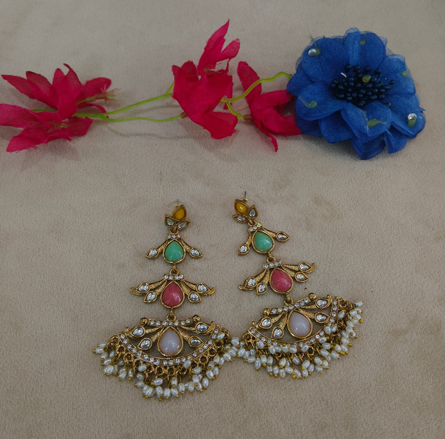 Antique Multi Color Kundan Bollywood Indian Charan Earrings