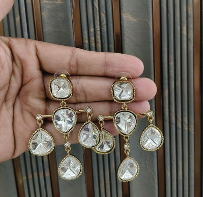 Antique White Kundan Bollywood Indian Charan Earrings