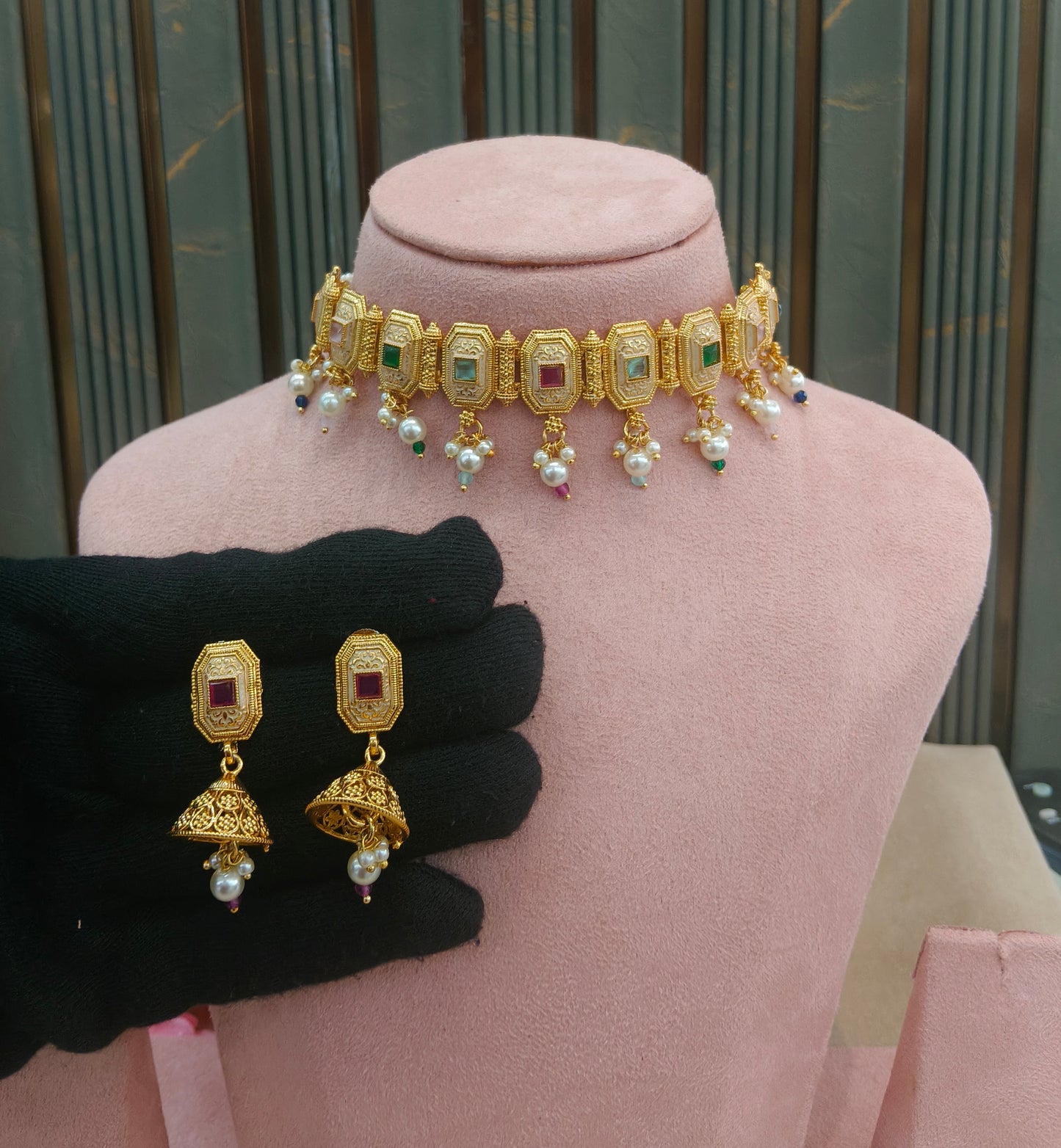 Gold polki Multi Color Choker set Indian Rue Jewellery