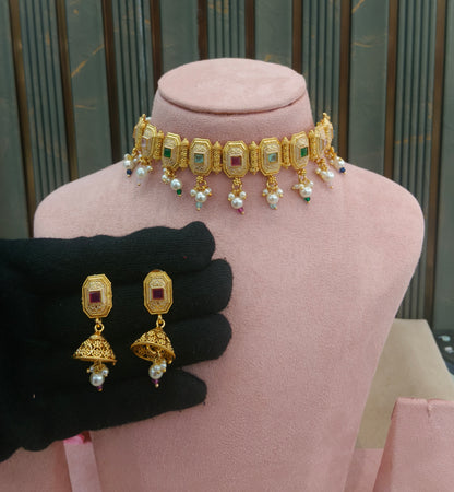 Gold polki Multi Color Choker set Indian Rue Jewellery