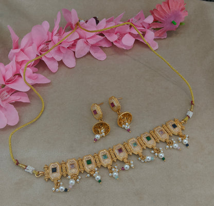 Gold polki Multi Color Choker set Indian Rue Jewellery