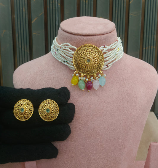 Gold Polki Multi Color Choker Jewellery Able Set