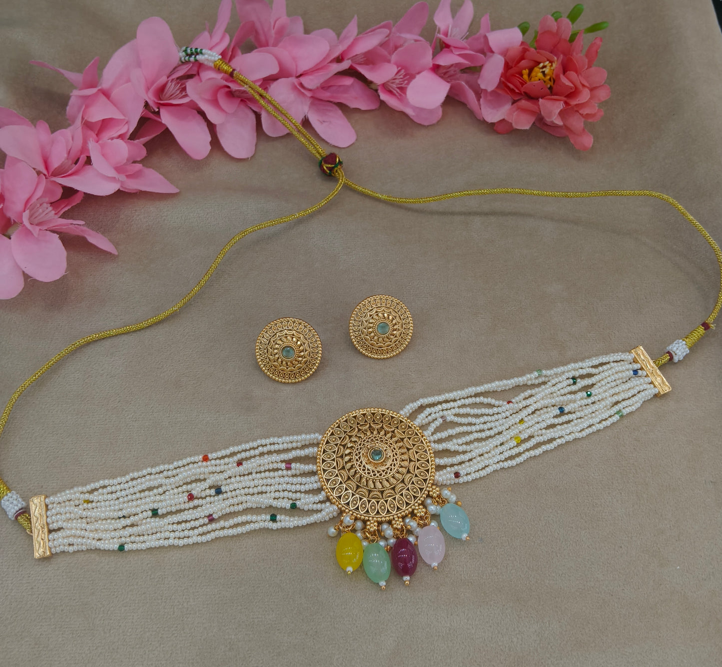 Gold Polki Multi Color Choker Jewellery Able Set