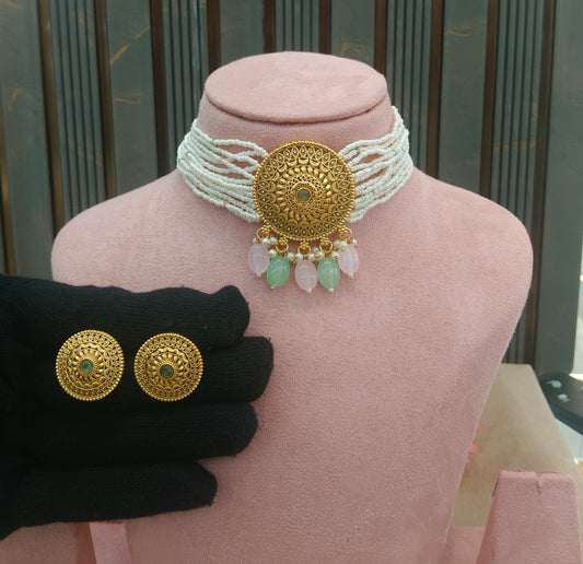 Gold Polki Mint Pink Choker Jewellery Able Set