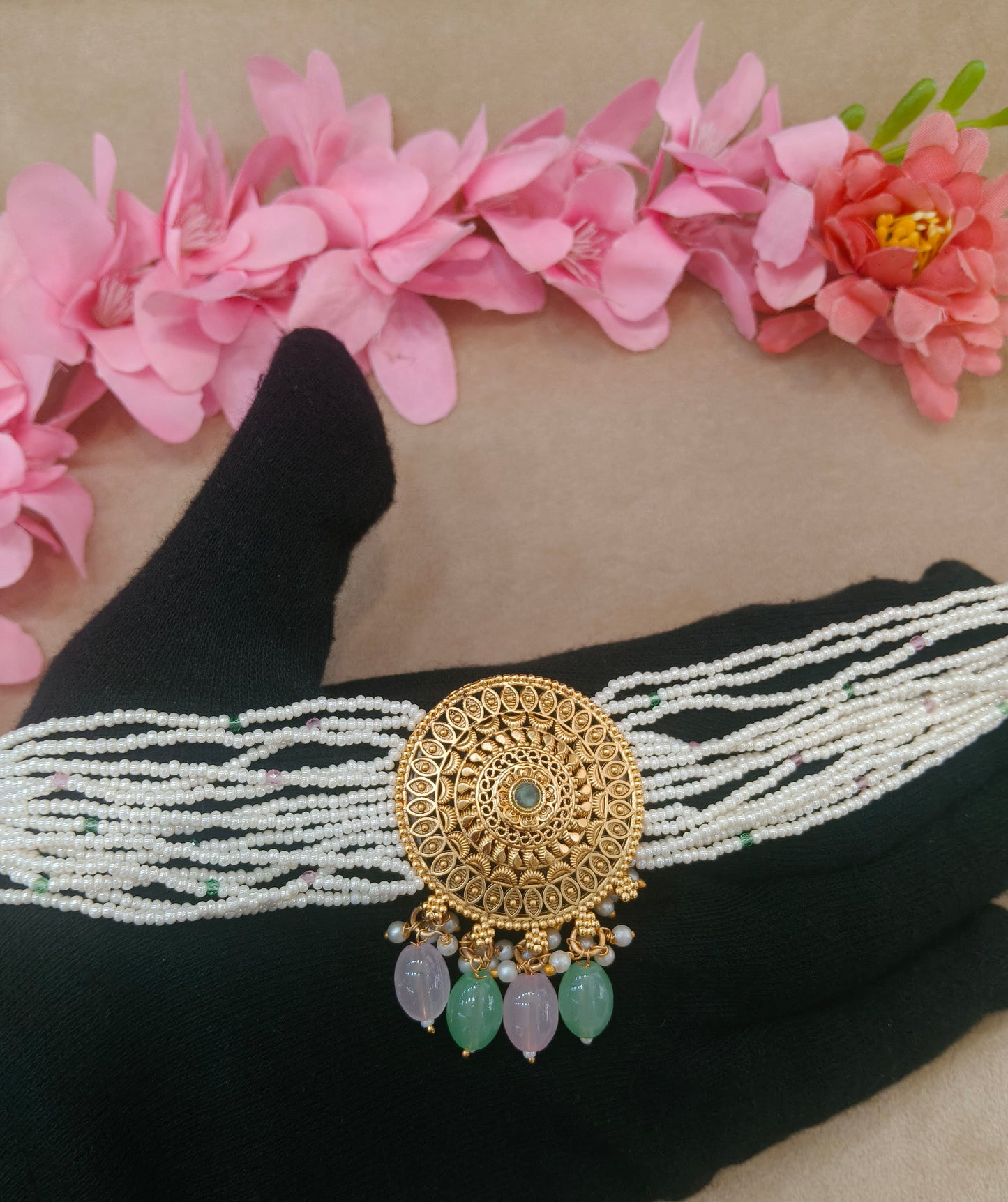 Gold Polki Mint Pink Choker Jewellery Able Set