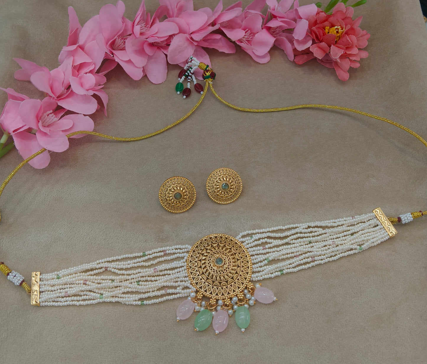 Gold Polki Mint Pink Choker Jewellery Able Set