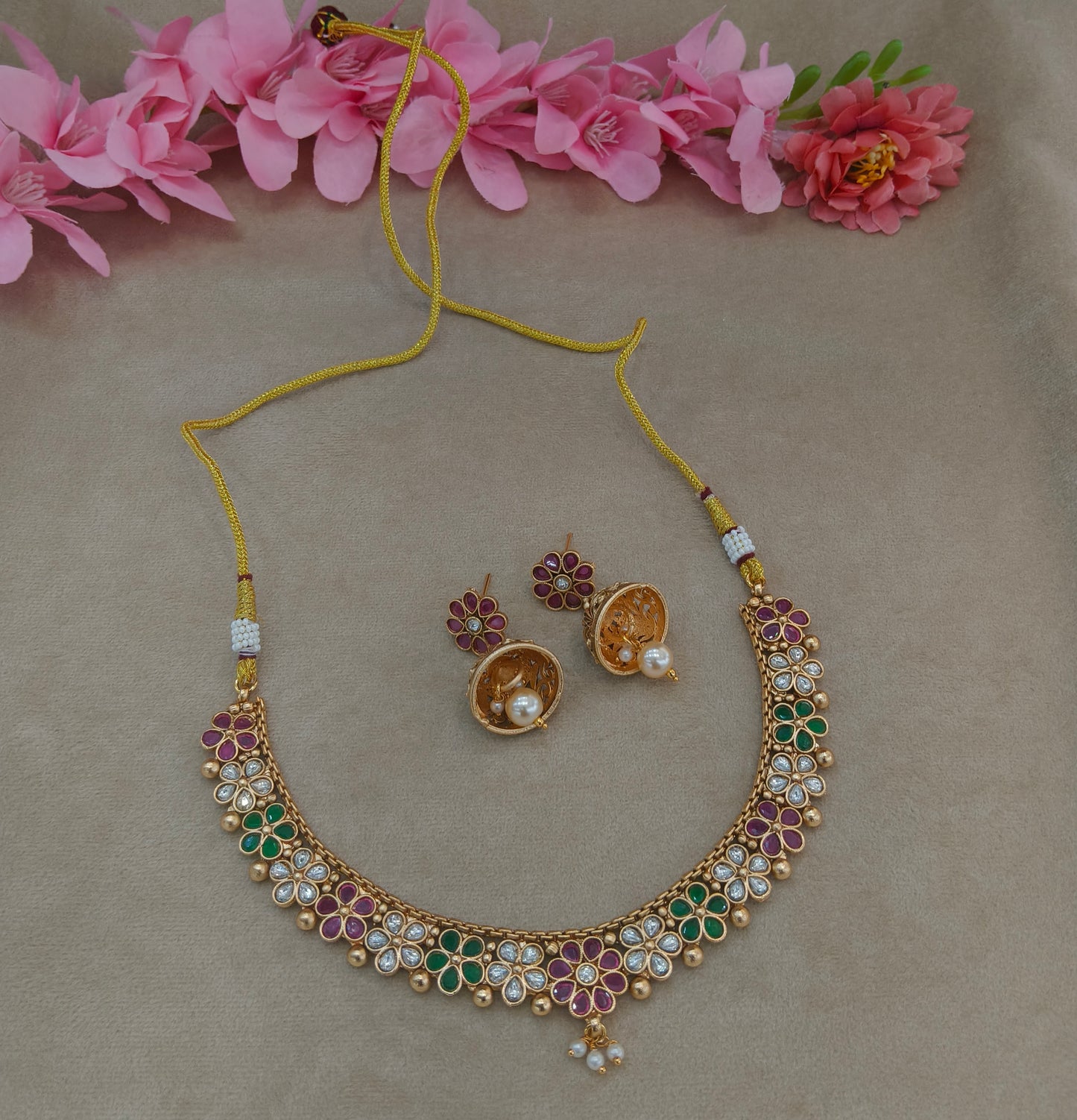 Gold Polki Ruby Green Necklace Jewellery Roma Set