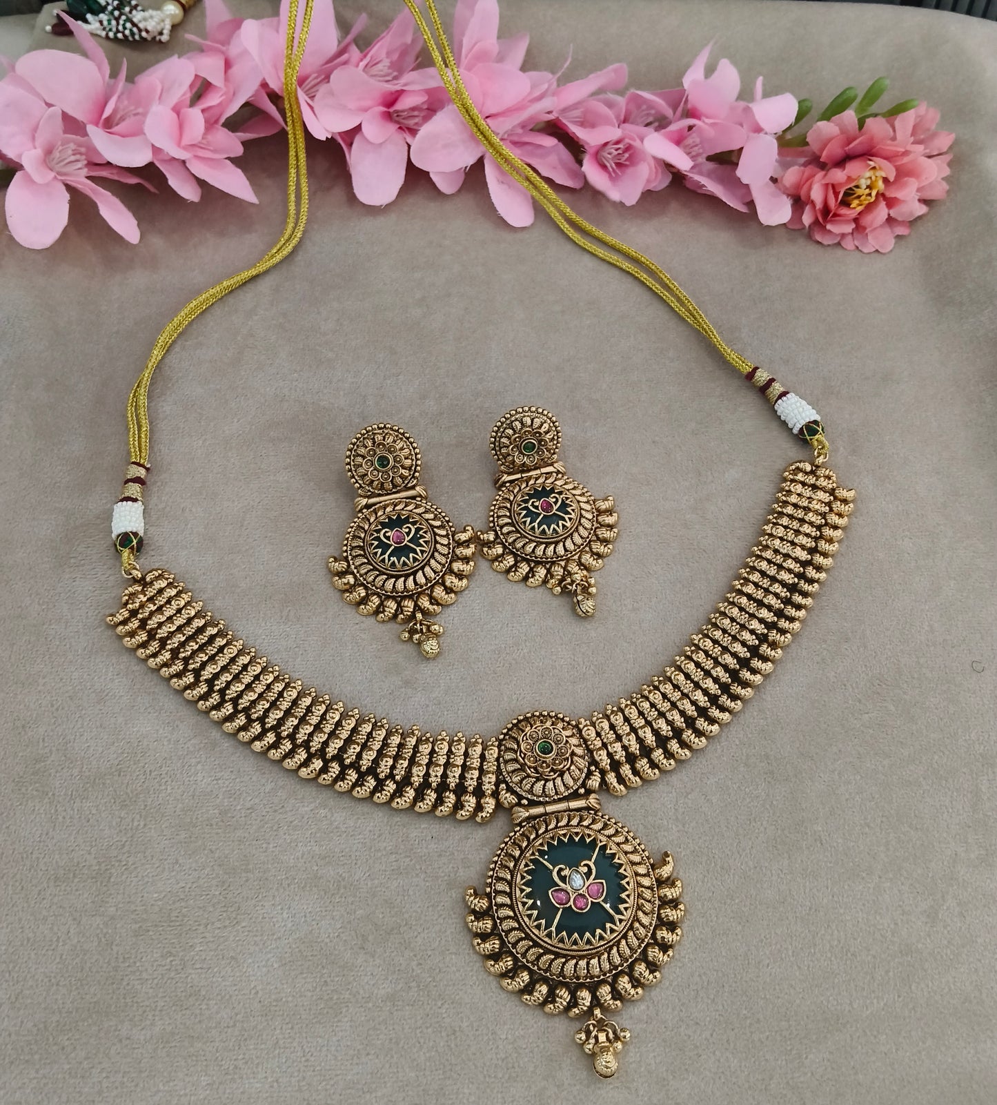 Gold Polki Ruby Sage Green Necklace Jewellery Host Set