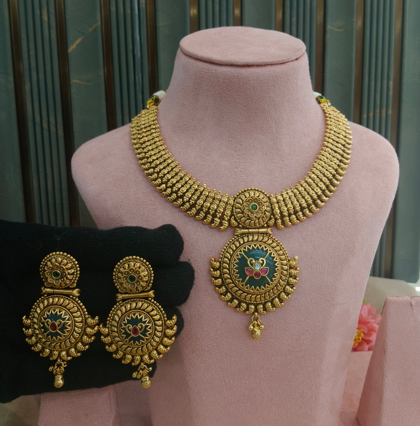 Gold Polki Ruby Sage Green Necklace Jewellery Host Set