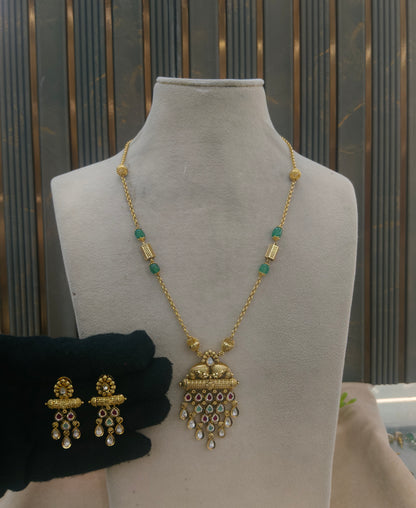 Antique Gold Ruby Sage Green Long Necklace Indian Jewellery Rutvi Set