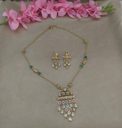 Antique Gold Ruby Sage Green Long Necklace Indian Jewellery Rutvi Set