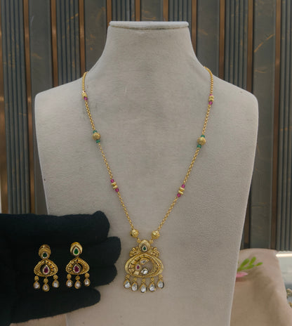 Antique Gold Ruby Green Long Necklace Indian Jewellery Rutvi Set