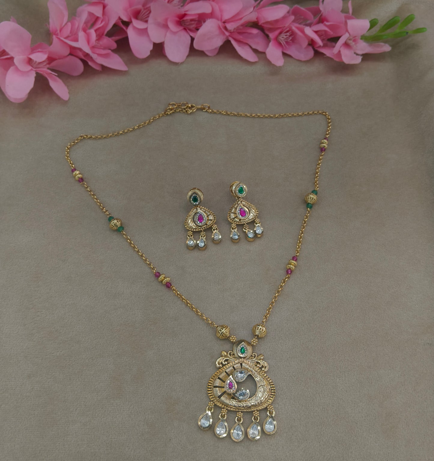 Antique Gold Ruby Green Long Necklace Indian Jewellery Rutvi Set