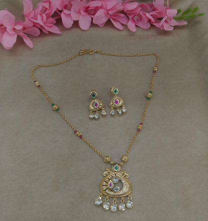 Antique Gold Ruby Green Long Necklace Indian Jewellery Rutvi Set
