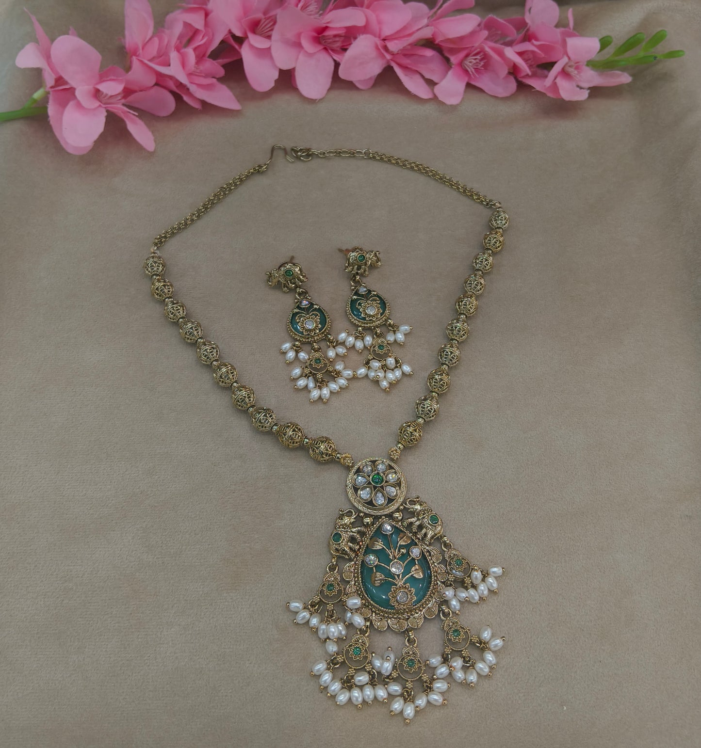 Antique Gold Sage Green Long Necklace Indian Jewellery Rutvi Set