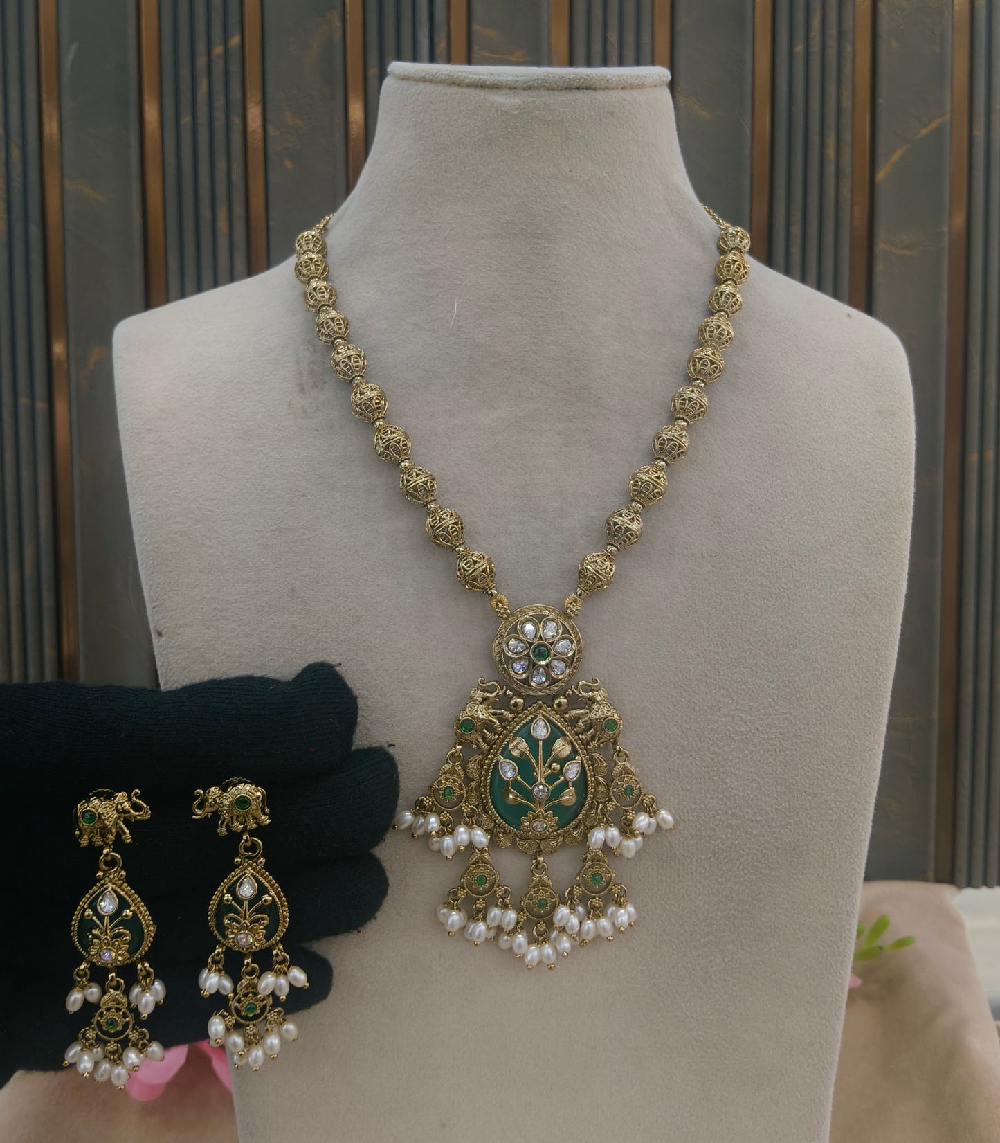 Antique Gold Sage Green Long Necklace Indian Jewellery Rutvi Set