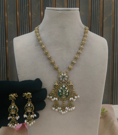 Antique Gold Sage Green Long Necklace Indian Jewellery Rutvi Set