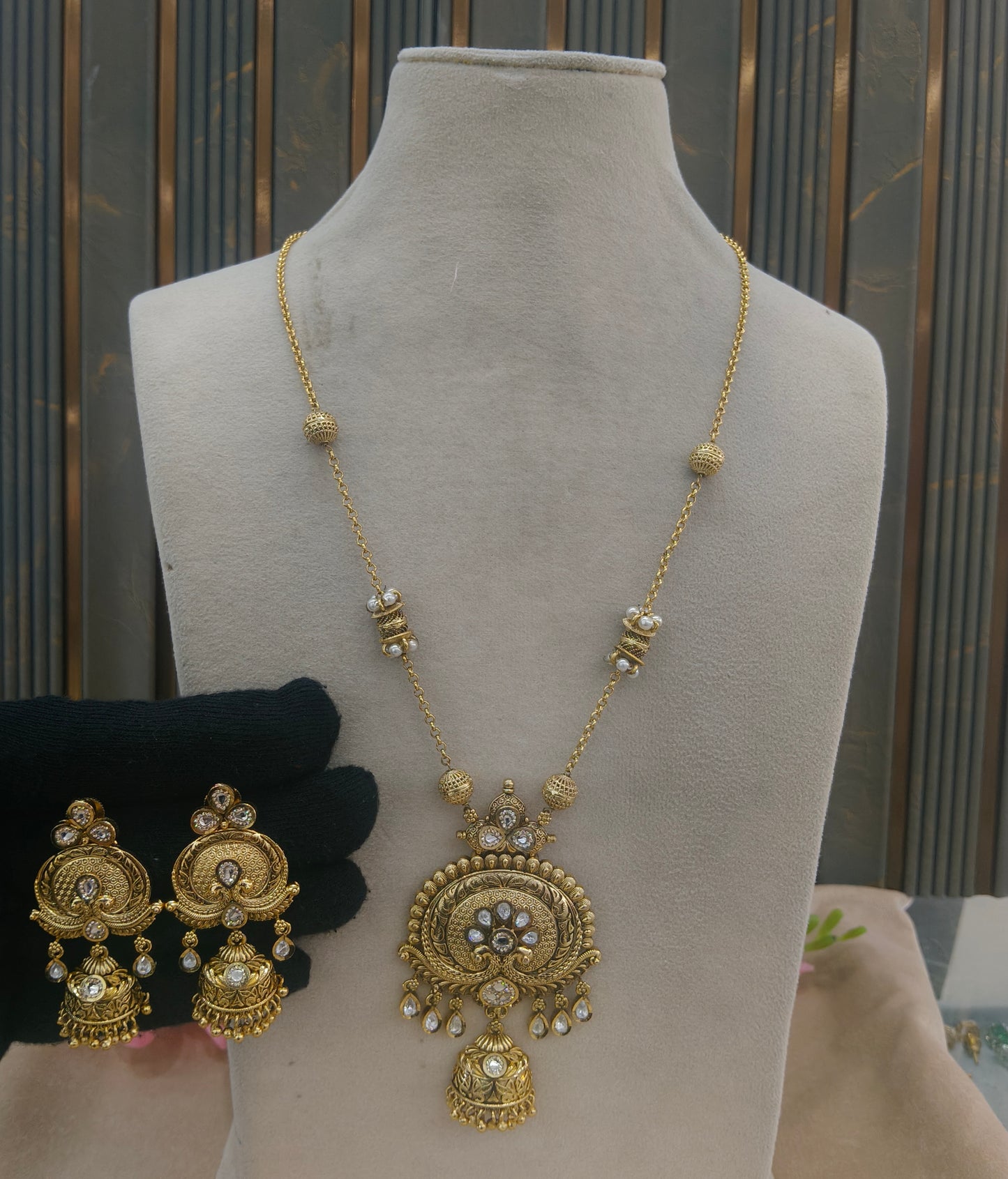 Antique Gold Long Necklace Indian Jewellery Rutvi Set