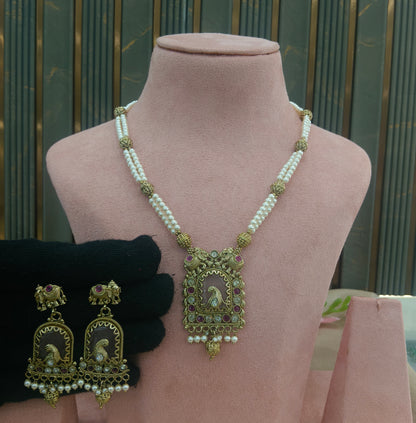 Antique Gold Runy Ruby Long Necklace Indian Jewellery Rutvi Set