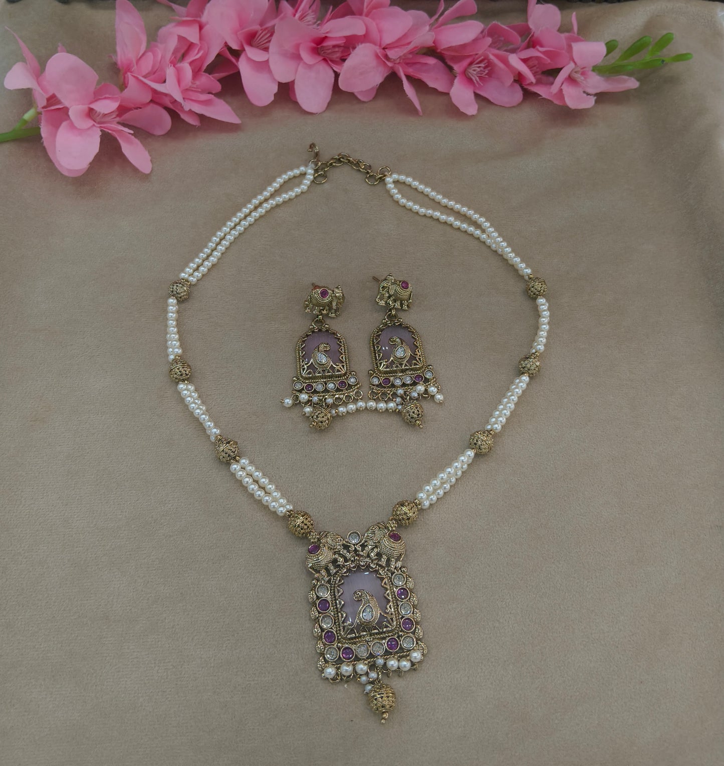 Antique Gold Runy Ruby Long Necklace Indian Jewellery Rutvi Set