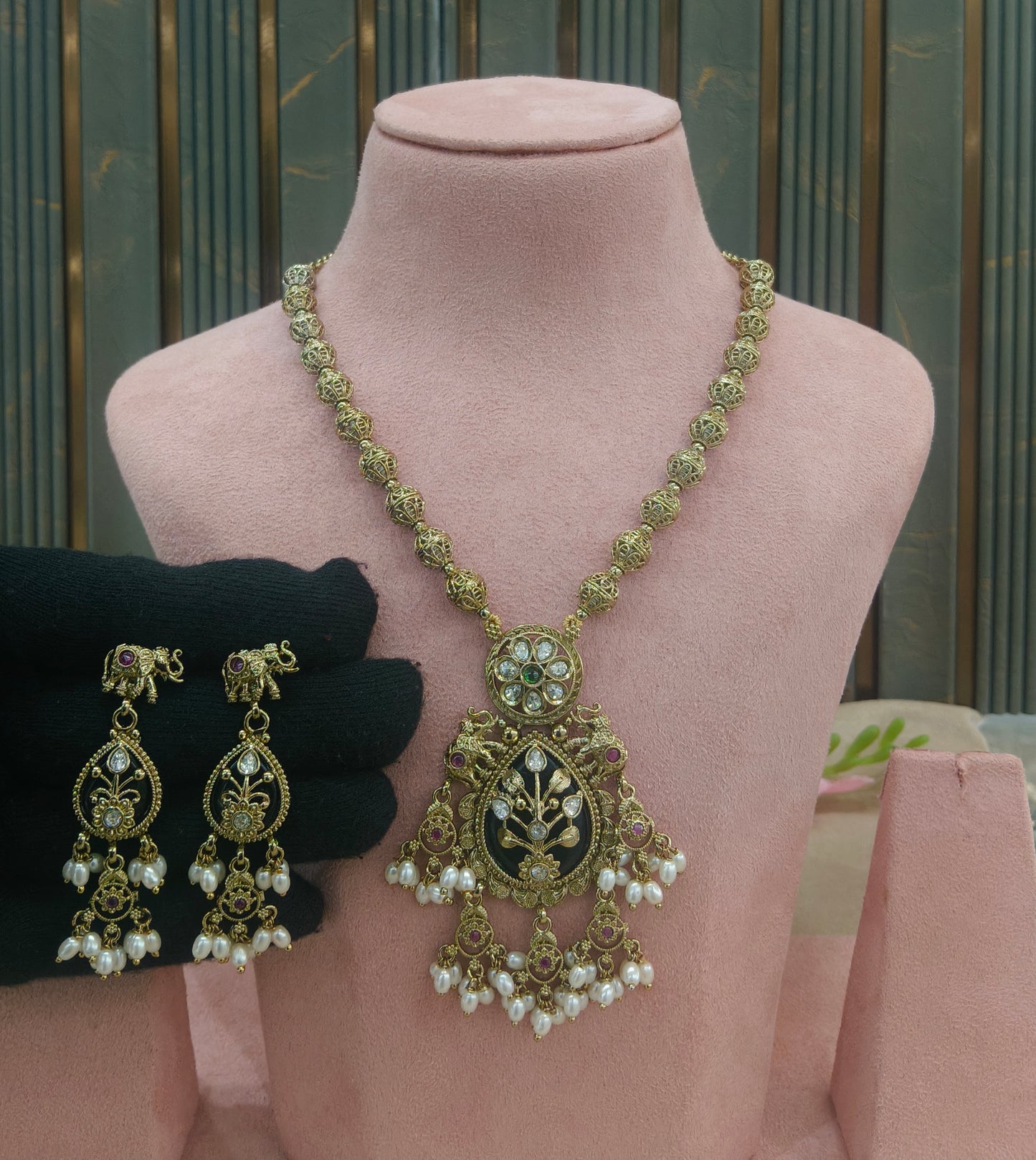 Antique Gold Ruby Green Long Necklace Indian Jewellery Rutvi Set