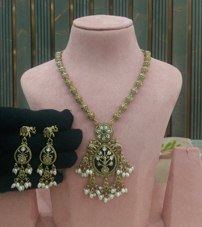 Antique Gold Ruby Green Long Necklace Indian Jewellery Rutvi Set