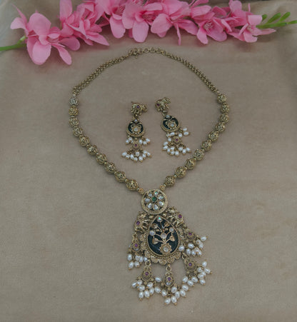 Antique Gold Ruby Green Long Necklace Indian Jewellery Rutvi Set