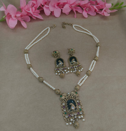 Antique Gold Runy Green Long Necklace Indian Jewellery Rutvi Set