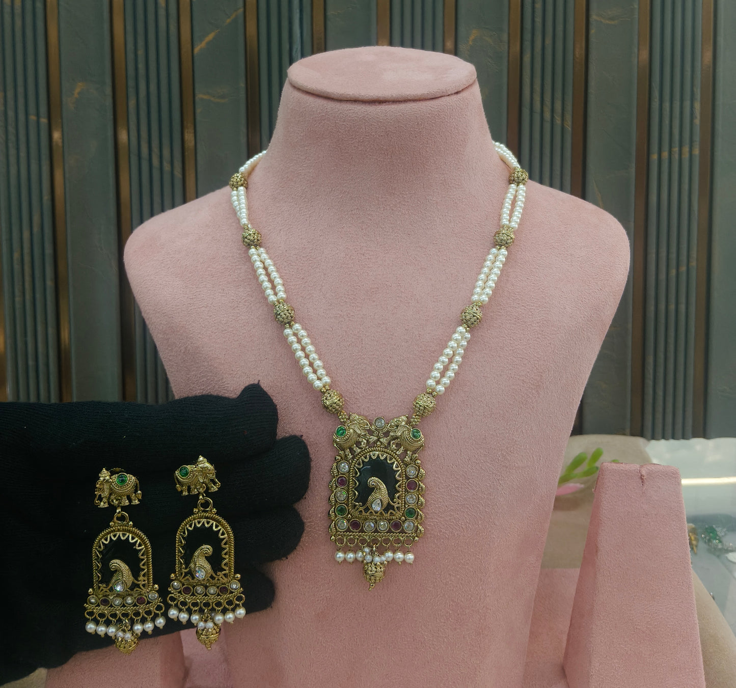 Antique Gold Runy Green Long Necklace Indian Jewellery Rutvi Set