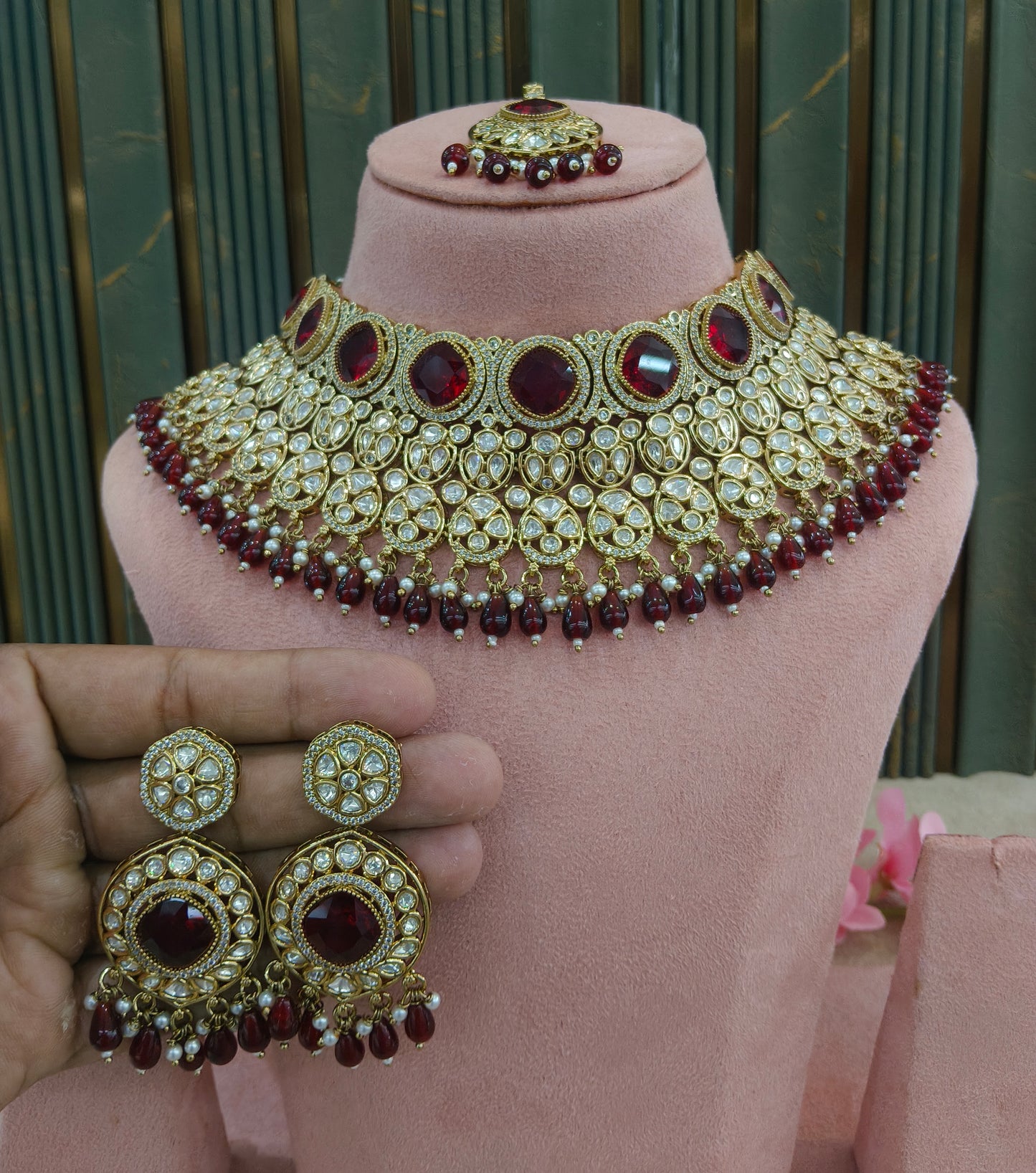 Gold Uncut Maroon kundan necklace Indian Jewellery Param Wedding Sets