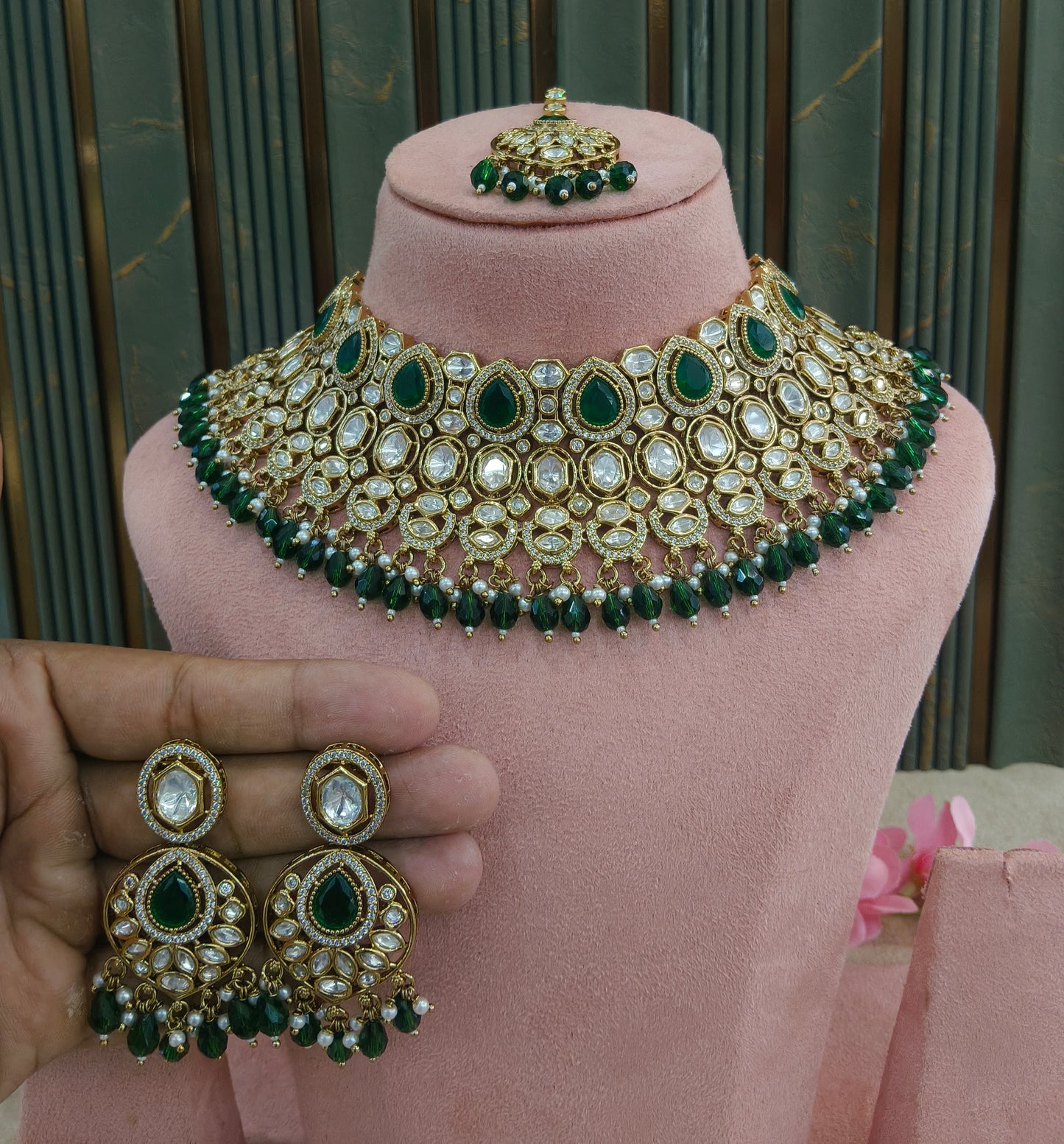 Gold Uncut Green kundan necklace Indian Jewellery Param Wedding Sets