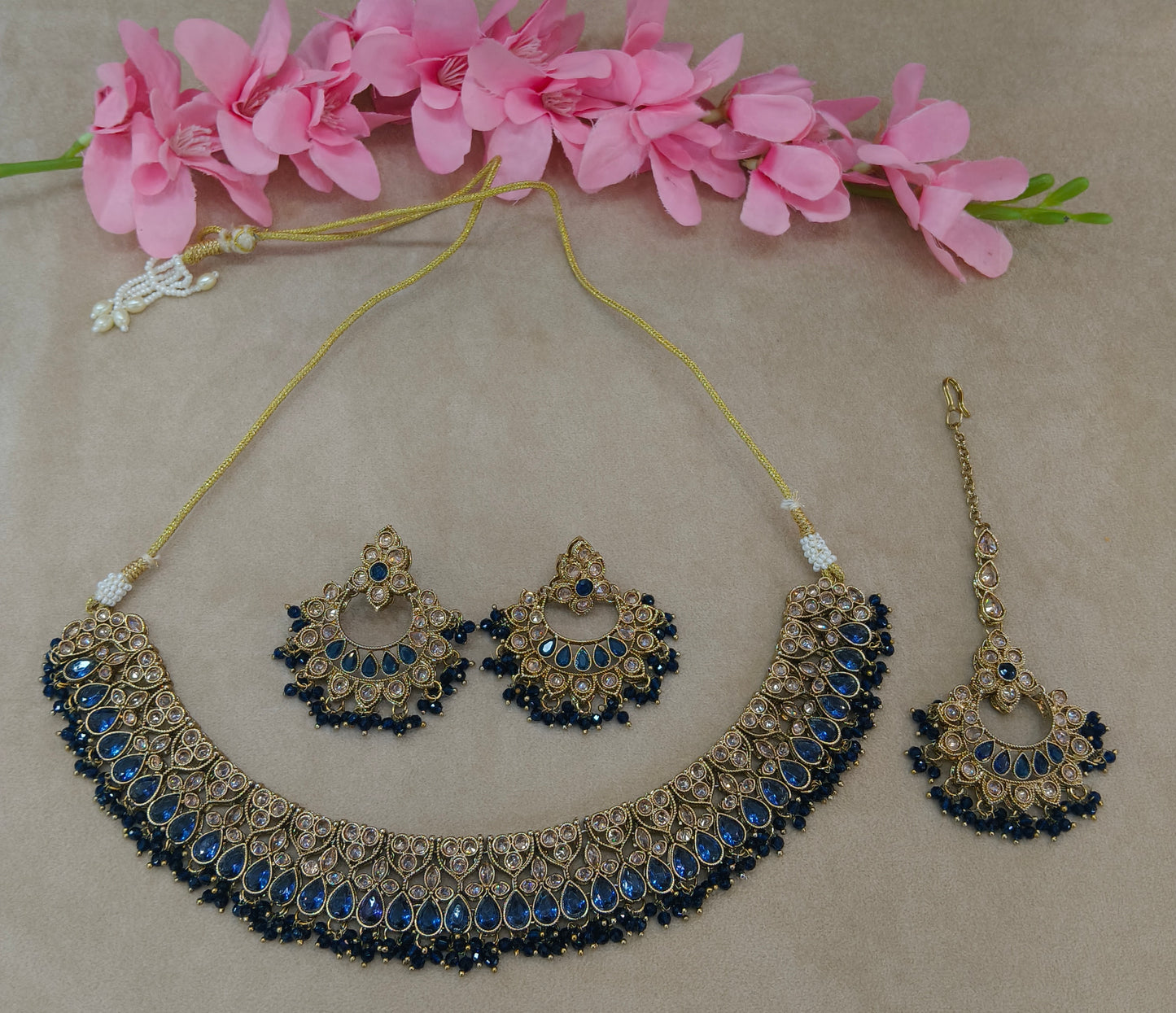 Antique Gold Blue Necklace Set/ Antique gold Indian Love Jewellery