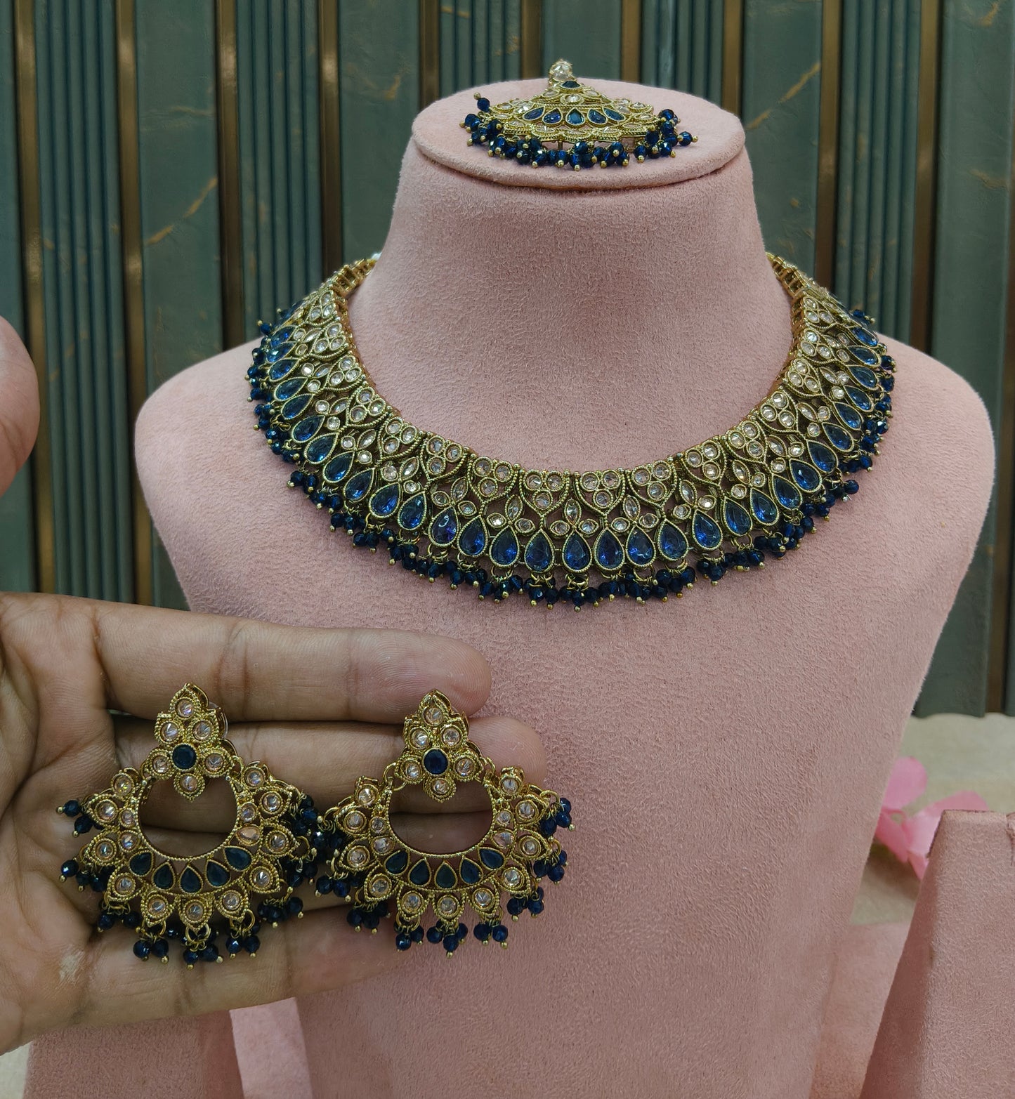 Antique Gold Blue Necklace Set/ Antique gold Indian Love Jewellery