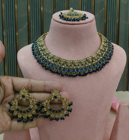 Antique Gold Blue Necklace Set/ Antique gold Indian Love Jewellery