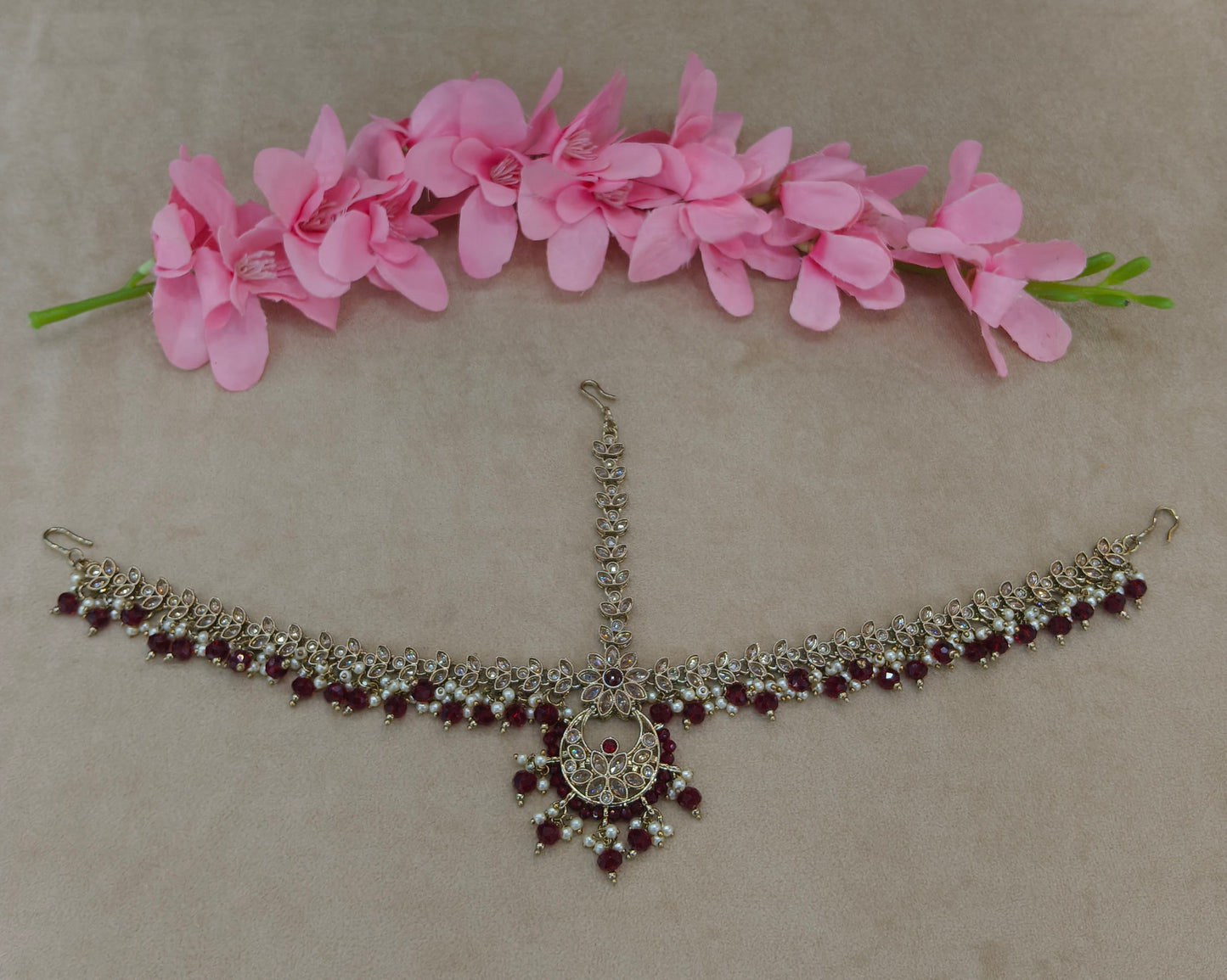 Antique Maroon Indian Sheesh Phool Headpiece Matha Patti