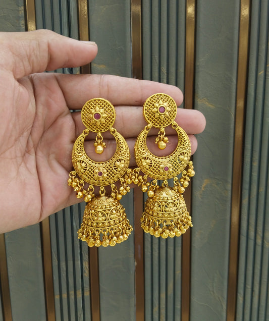 Gold Polki Ruby Jhumki Indian Dilnoor Bollywood Earrings