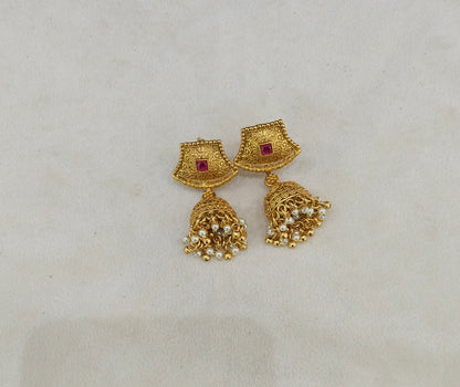Gold Polki Ruby Jhumki Indian Dilnoor Bollywood Earrings