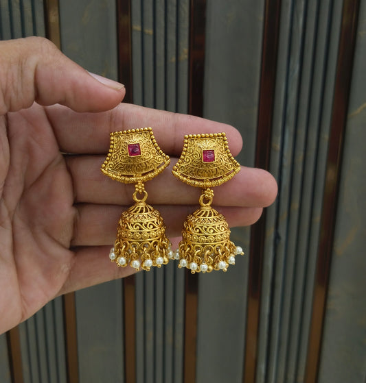 Gold Polki Ruby Jhumki Indian Dilnoor Bollywood Earrings