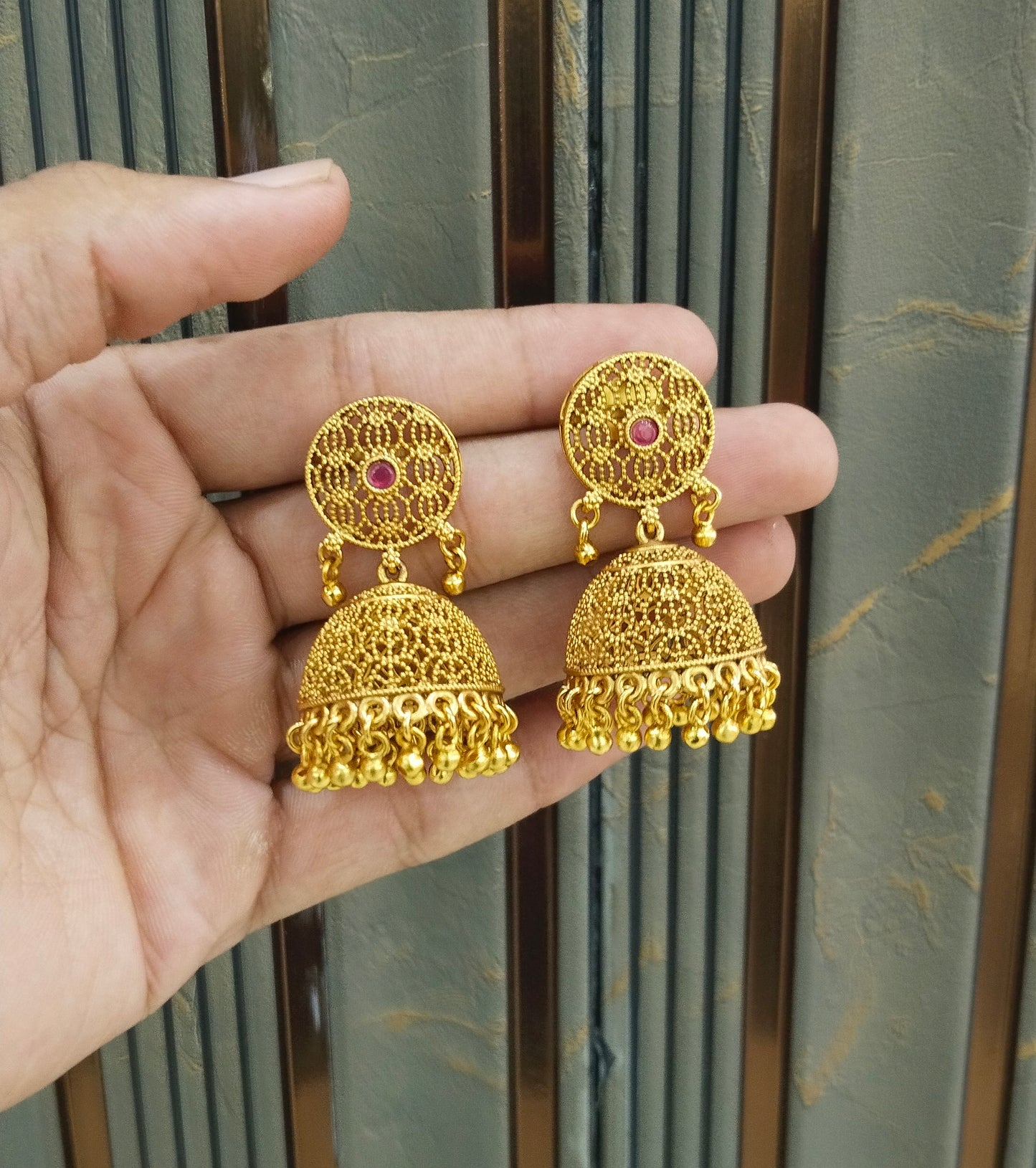 Gold Polki Ruby Jhumki Indian Dilnoor Bollywood Earrings